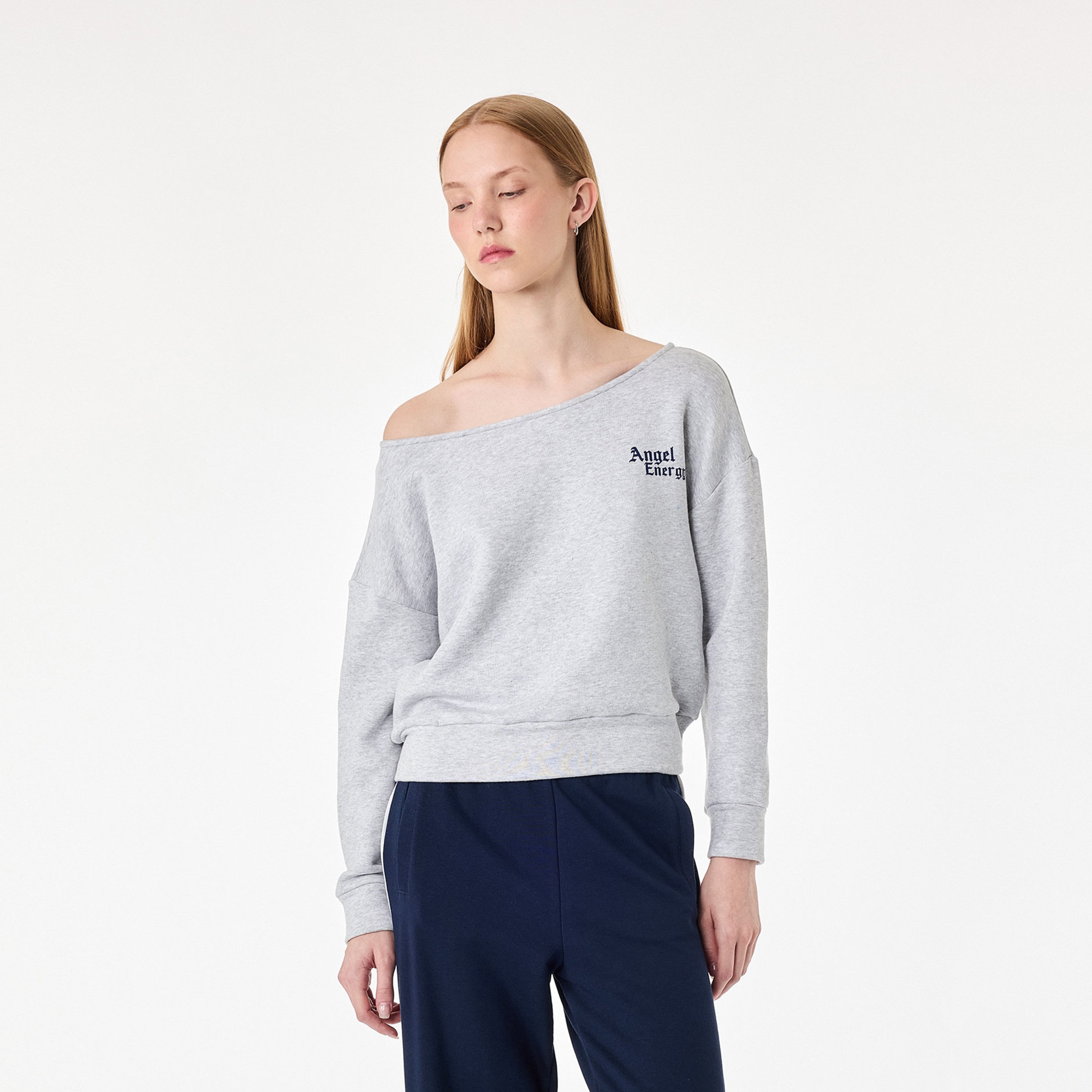 KOTON Grey Heathered One-Shoulder Dropped Sleeves Women's Sweatshirt-women-clothing-hoodiesandsweatshirts-sweatshirts-image-1