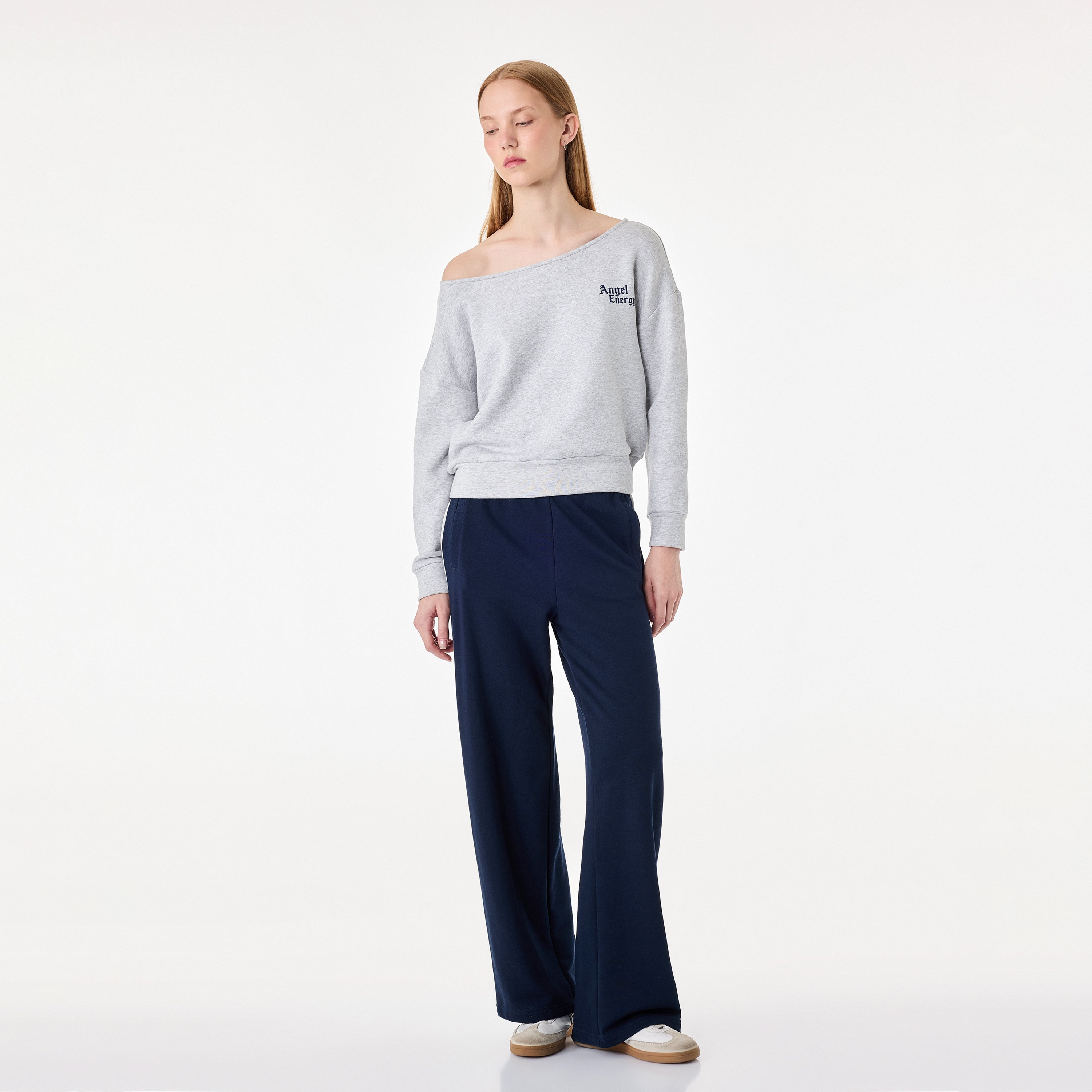 KOTON Grey Heathered One-Shoulder Dropped Sleeves Women's Sweatshirt-women-clothing-hoodiesandsweatshirts-sweatshirts-image-2