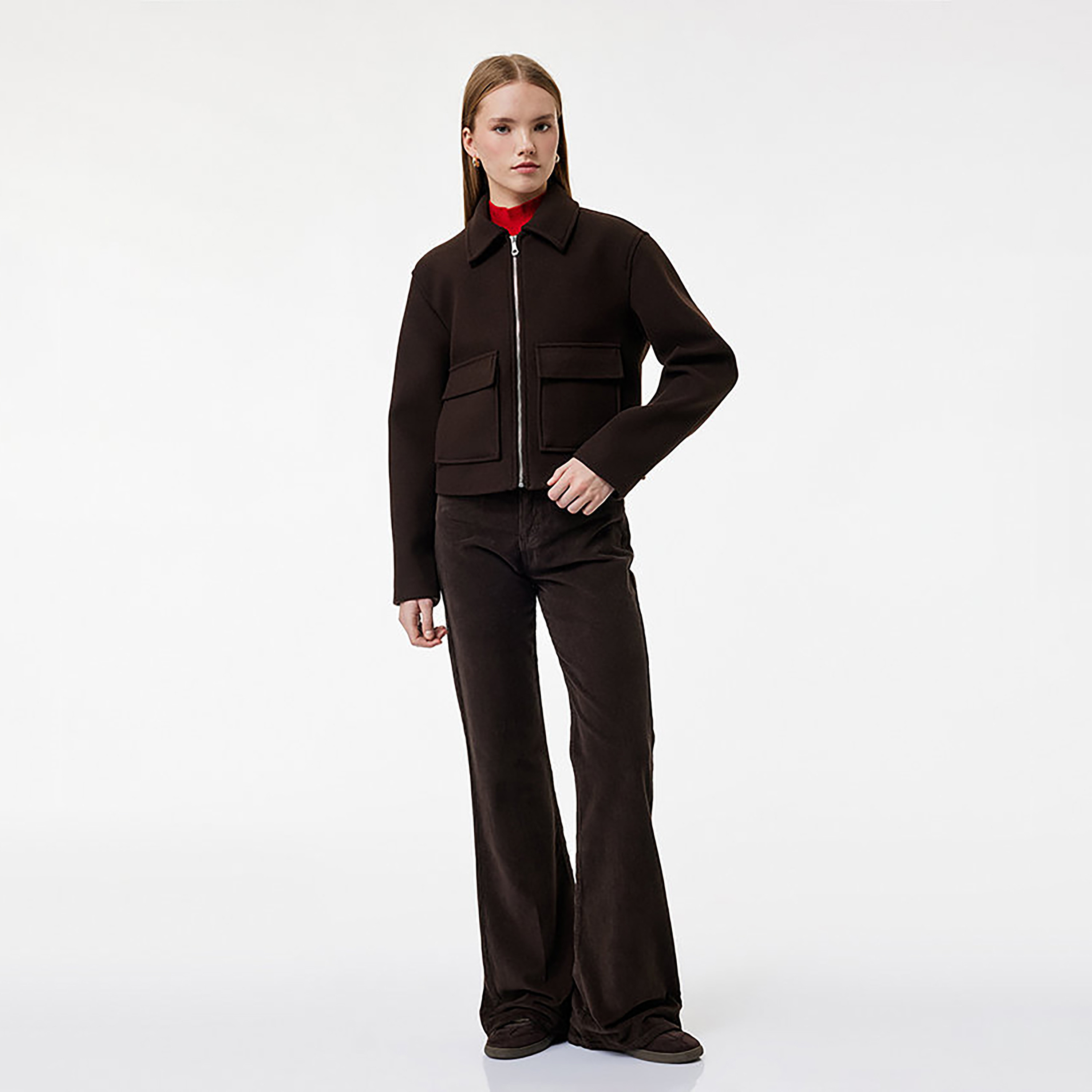 بنطال مخمل مضلع (كوردروي) حريمي بقصة بوت كات باللون البني الداكن من كوتون-women-clothing-trousers-image-2