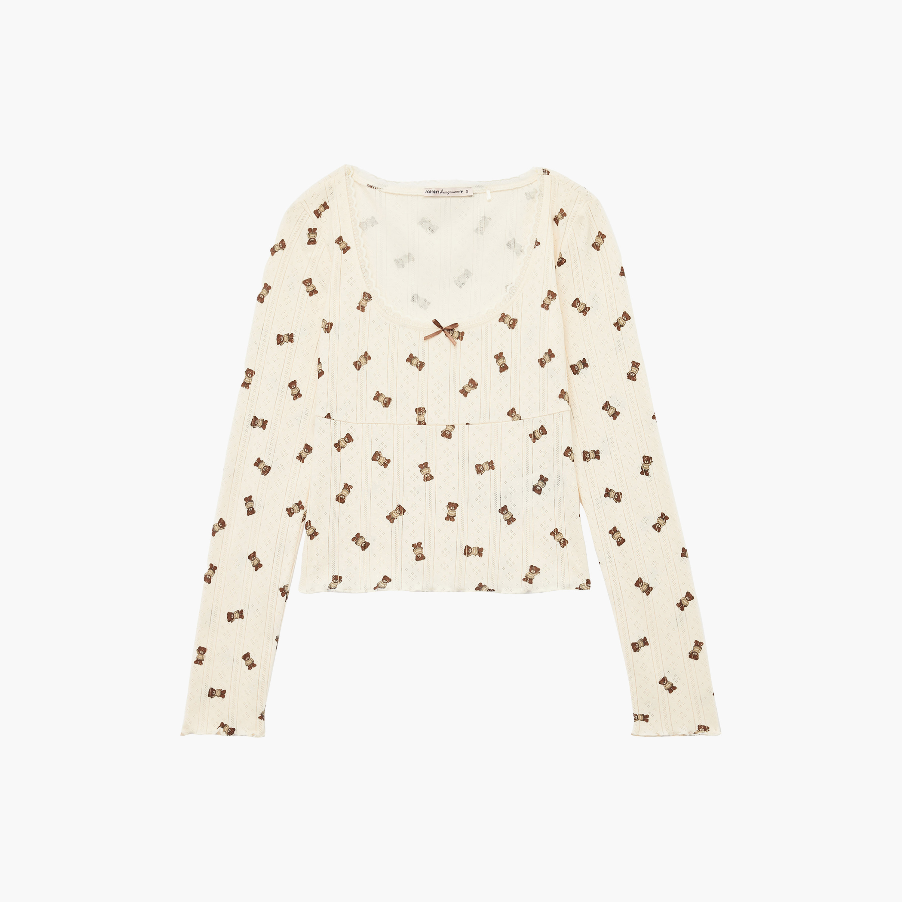 KOTON Cream Teddy Bear Embroidered Scoop Neck Women's Top-women-clothing-nightwear-pyjamas-tops-image-2