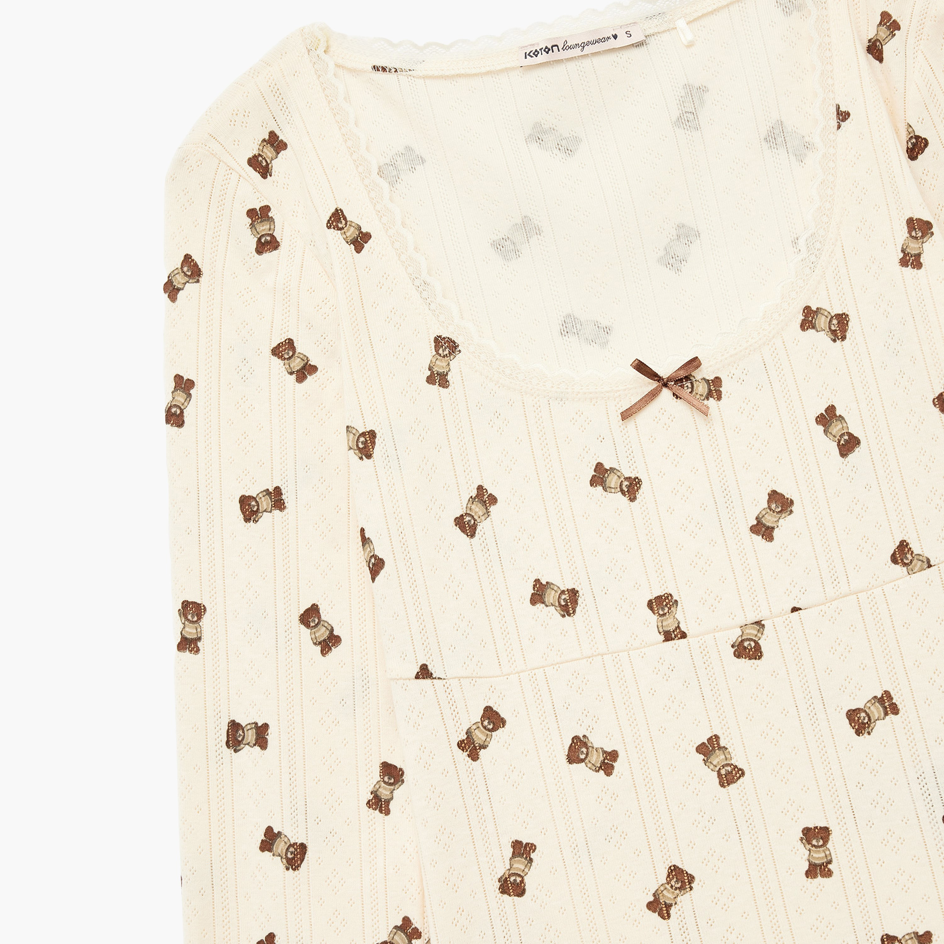 KOTON Cream Teddy Bear Embroidered Scoop Neck Women's Top-women-clothing-nightwear-pyjamas-tops-image-4
