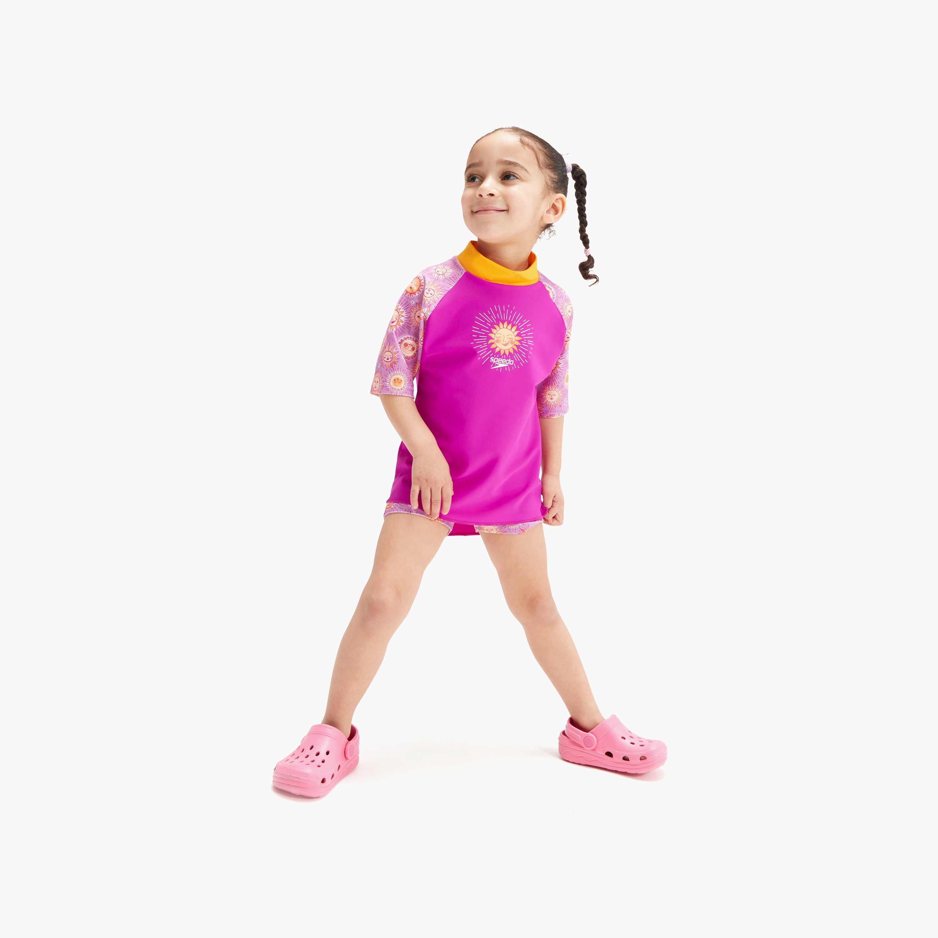 Speedo Girls Digital Short Sleeve Rash Top Set, Kids Girls, Very Fuschia/Parrot/White-baby-girls-clothing-swimwear-image-1
