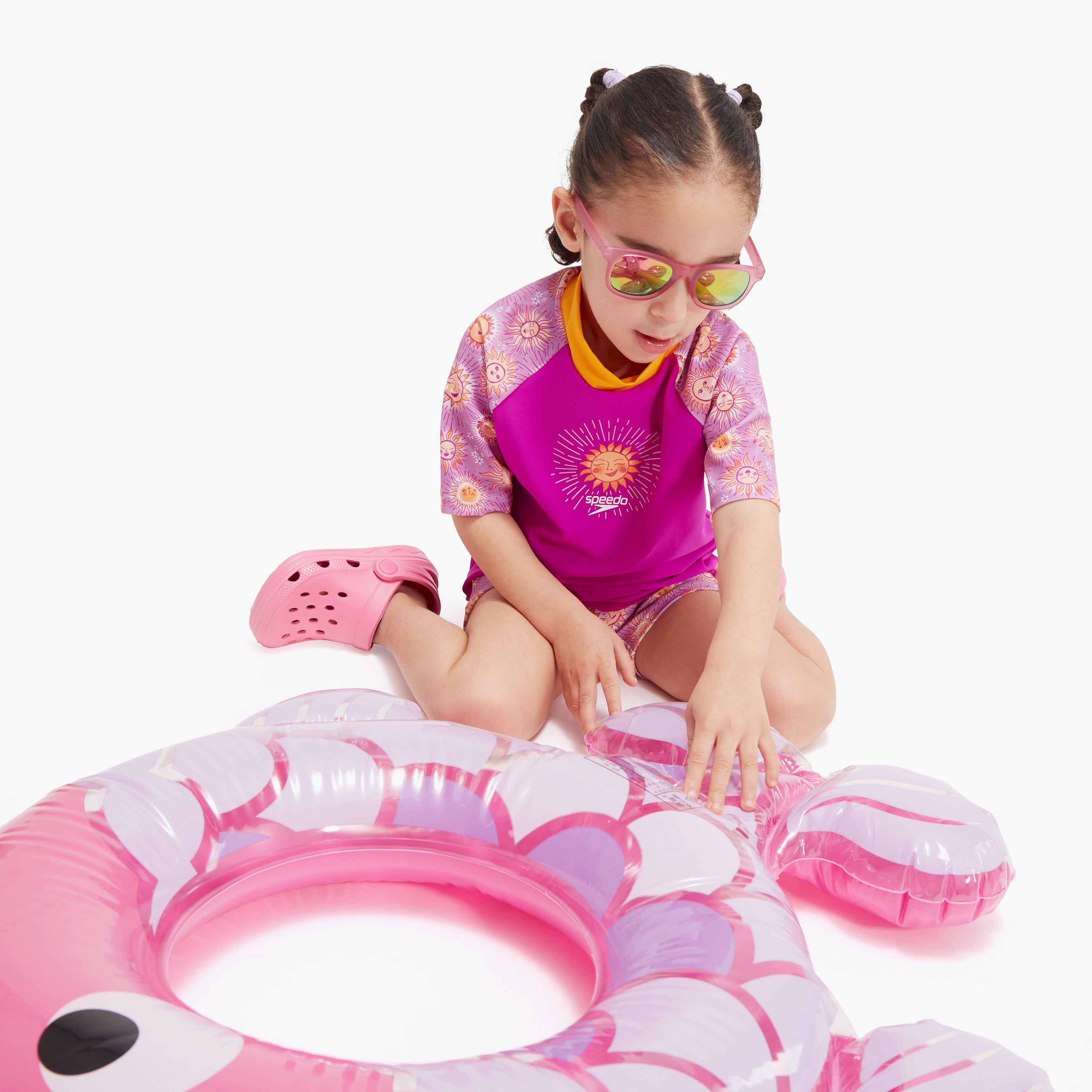 Speedo Girls Digital Short Sleeve Rash Top Set, Kids Girls, Very Fuschia/Parrot/White-baby-girls-clothing-swimwear-image-6