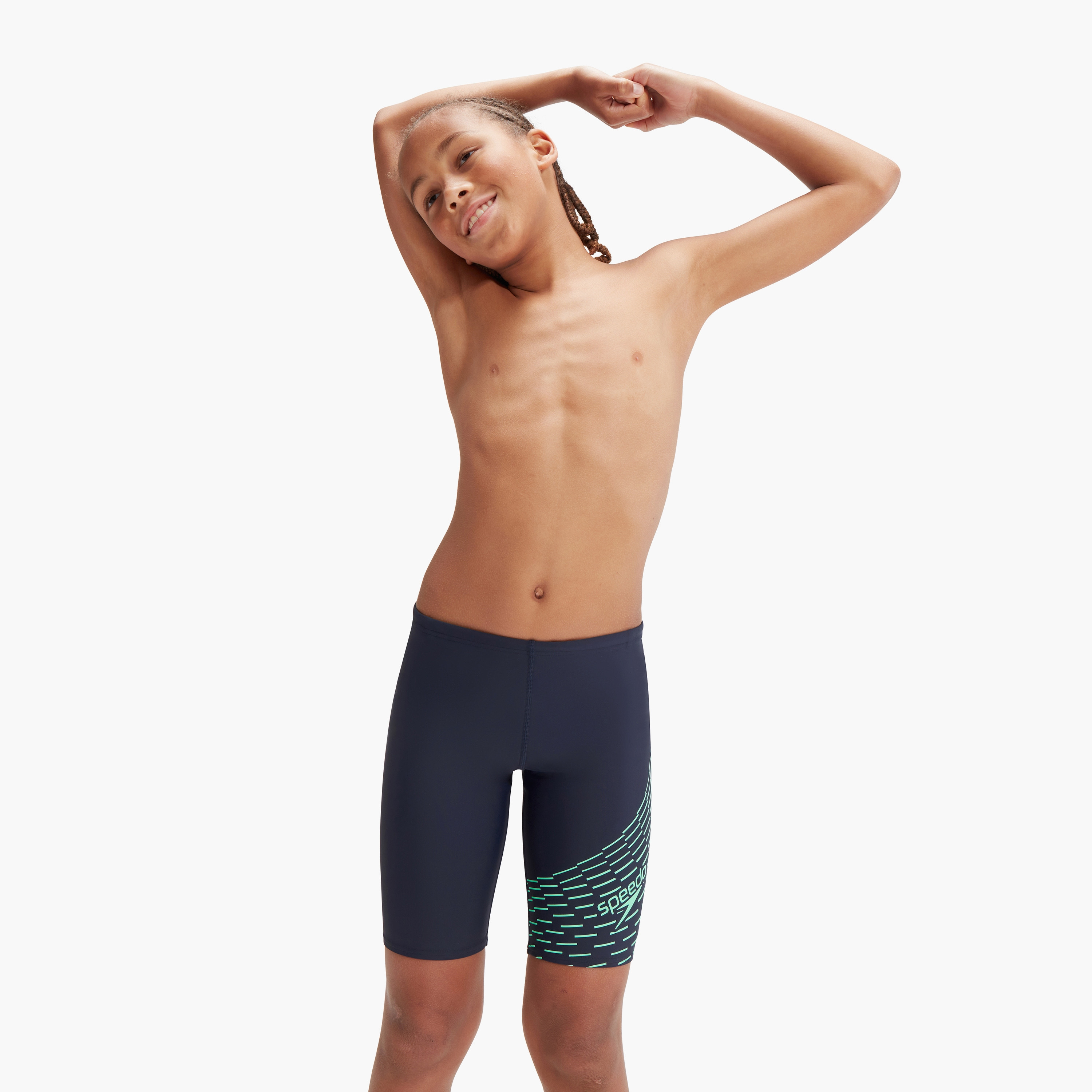Speedo Boys Medley Logo Jammer, Kids Boys, True Navy/Green Glow-boys-clothing-sportswear-swimwear-image-1