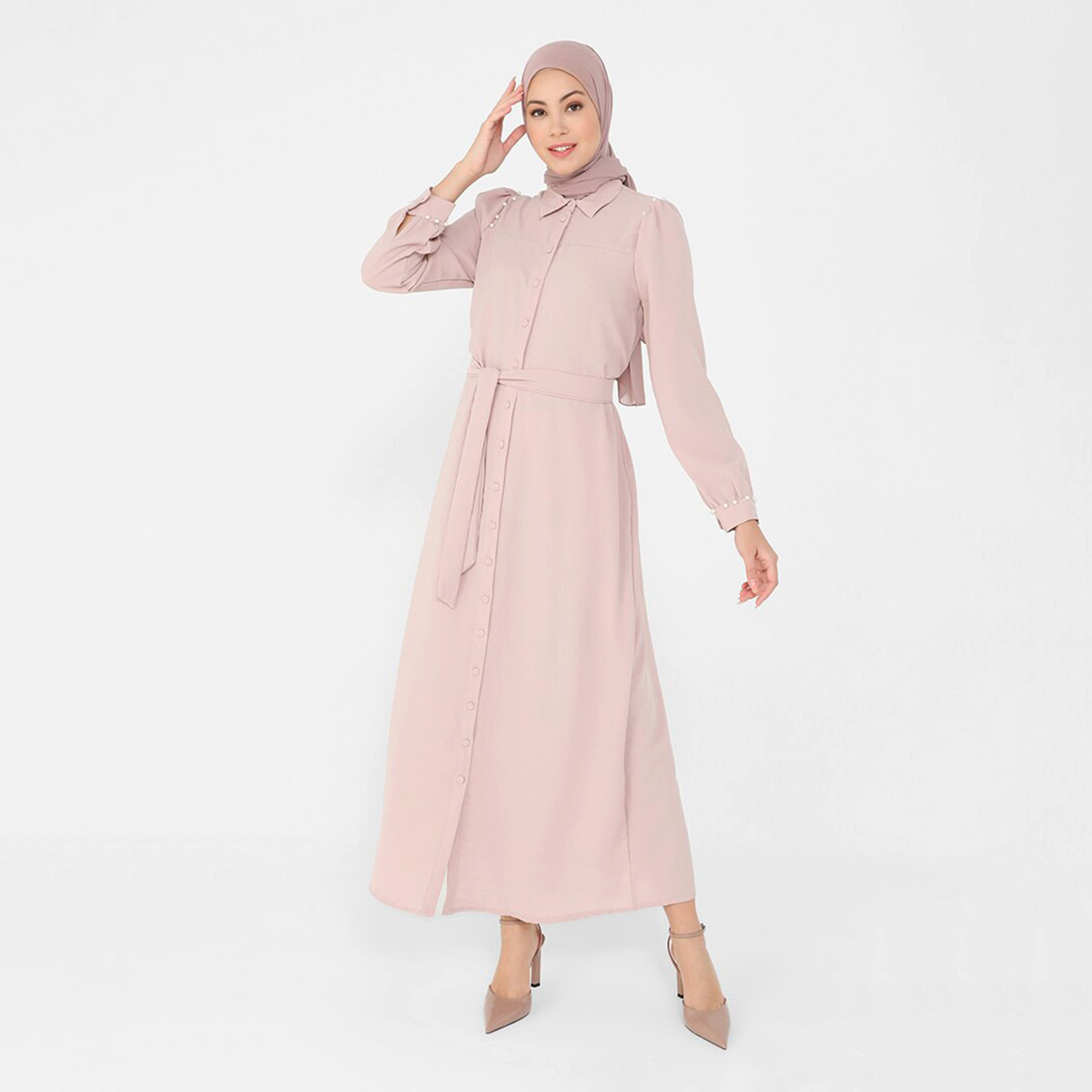 Modanisa Women Pink Solid Collared Neck Buttoned Jalabiya with Tie Belt-women-clothing-dresses-image-1