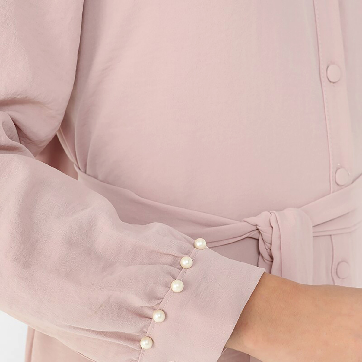 Modanisa Women Pink Solid Collared Neck Buttoned Jalabiya with Tie Belt-women-clothing-dresses-image-3