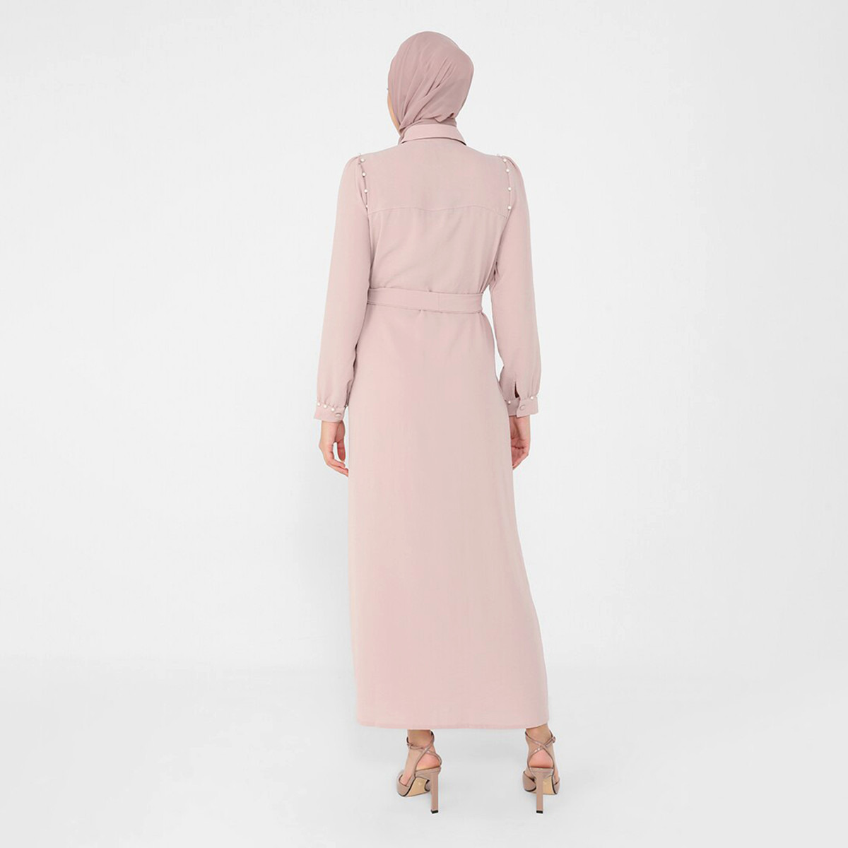 Modanisa Women Pink Solid Collared Neck Buttoned Jalabiya with Tie Belt-women-clothing-dresses-image-5