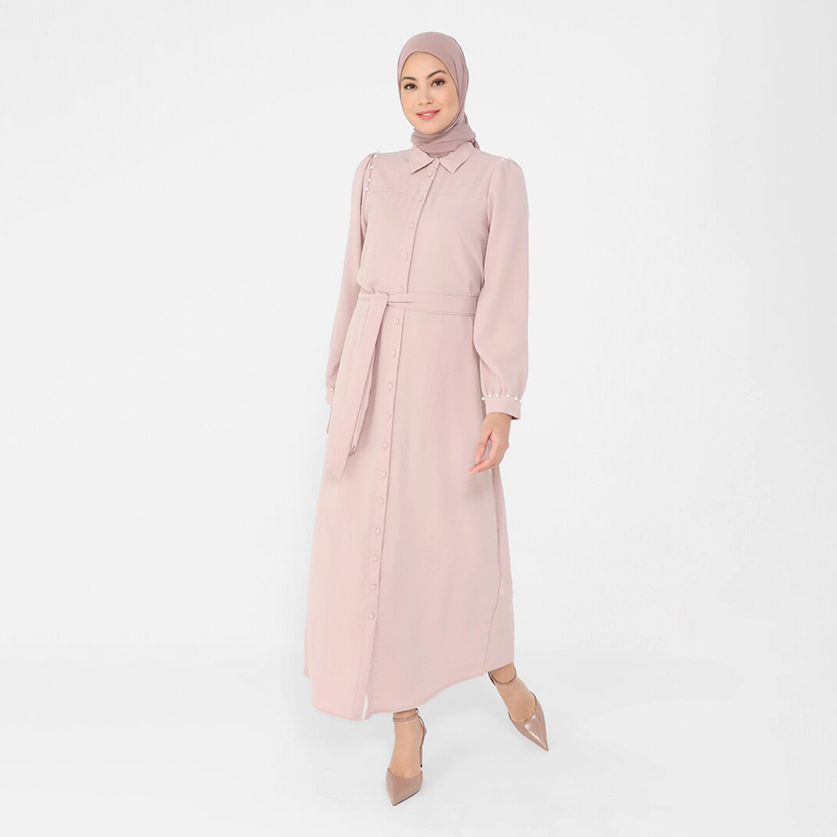 Modanisa Women Pink Solid Collared Neck Buttoned Jalabiya with Tie Belt-women-clothing-dresses-image-6