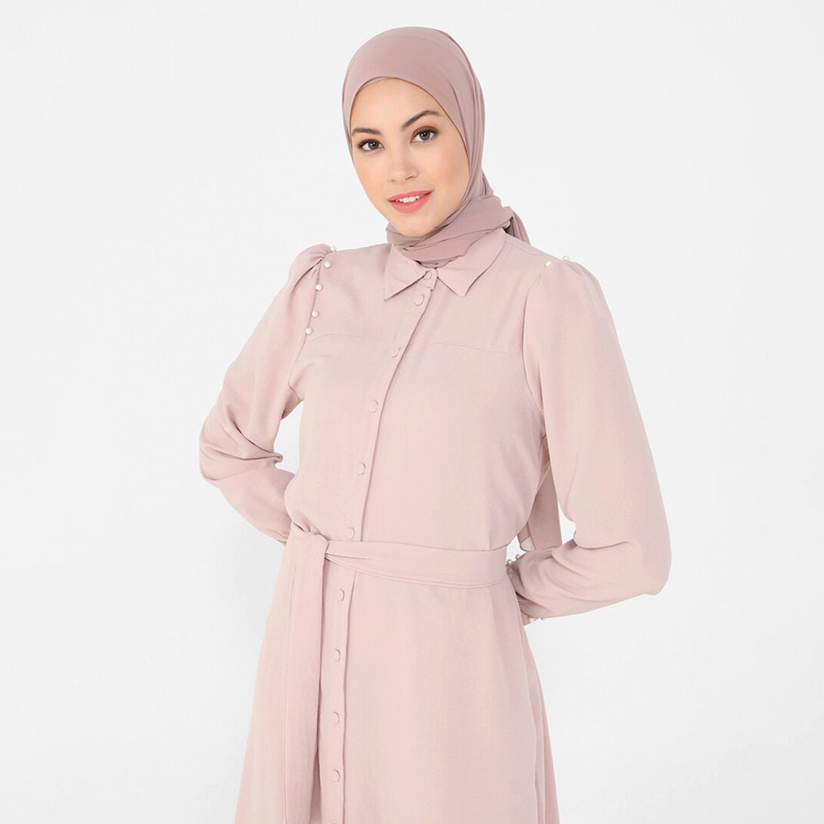 Modanisa Women Pink Solid Collared Neck Buttoned Jalabiya with Tie Belt-women-clothing-dresses-image-8
