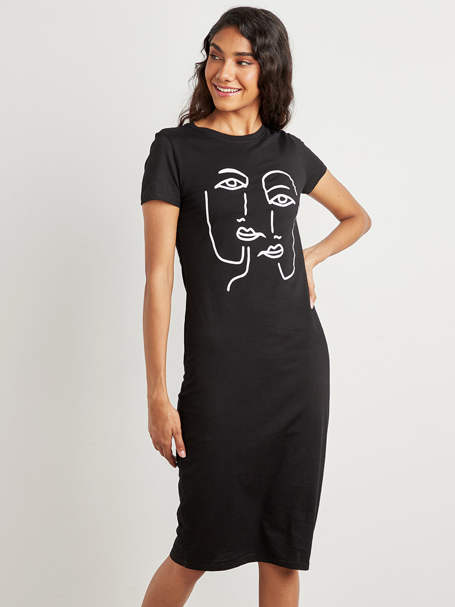 Styli Face Print T-shirt Dress with Round Neck and Short Sleeves-women-clothing-dresses-image-2