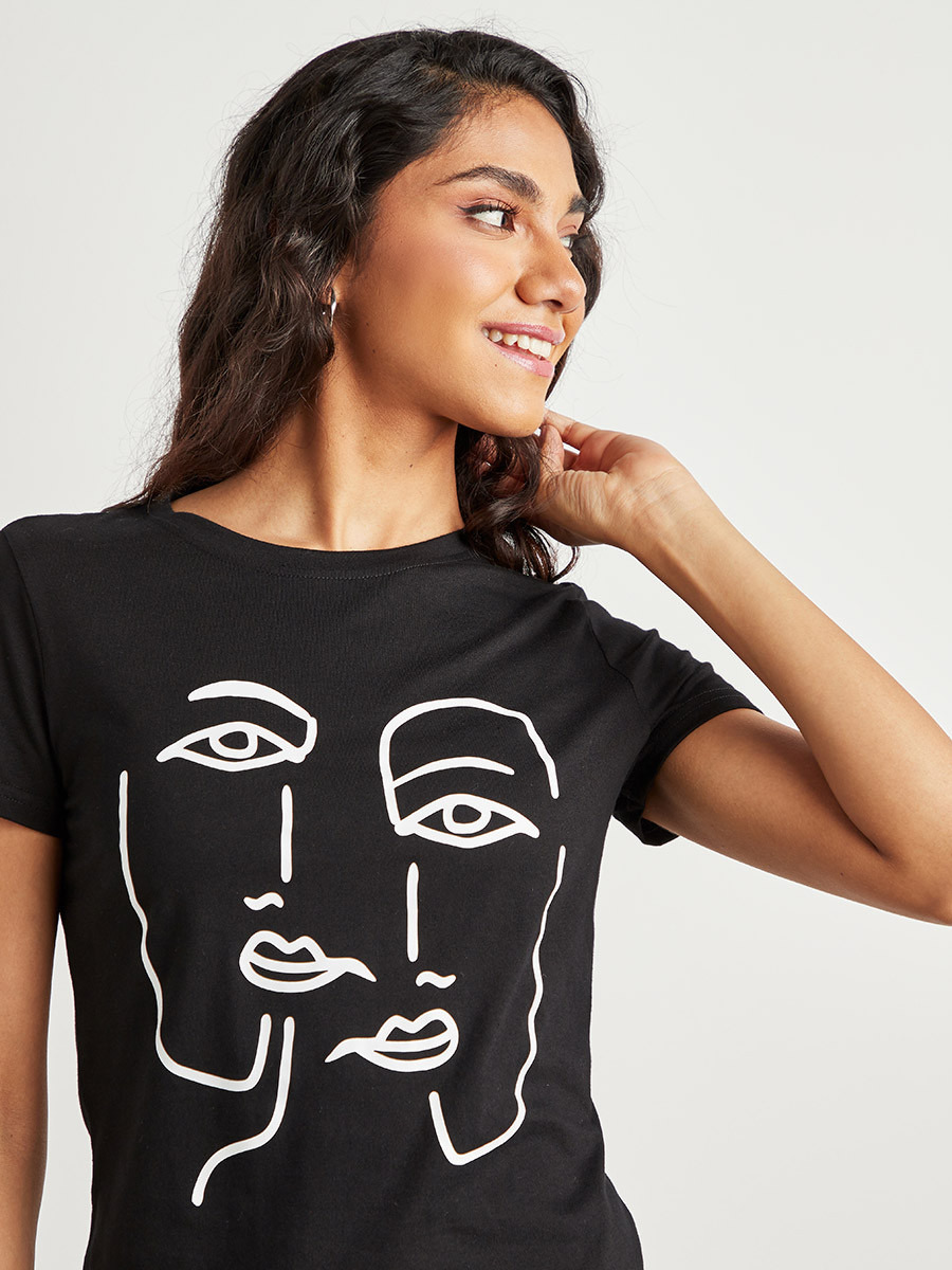 Styli Face Print T-shirt Dress with Round Neck and Short Sleeves-women-clothing-dresses-image-4