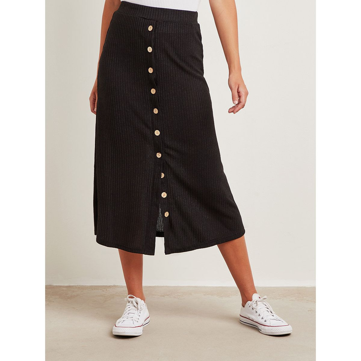 Styli Ribbed A-line Midi Skirt with Button Detail-women-clothing-bottoms-skirts-image-1