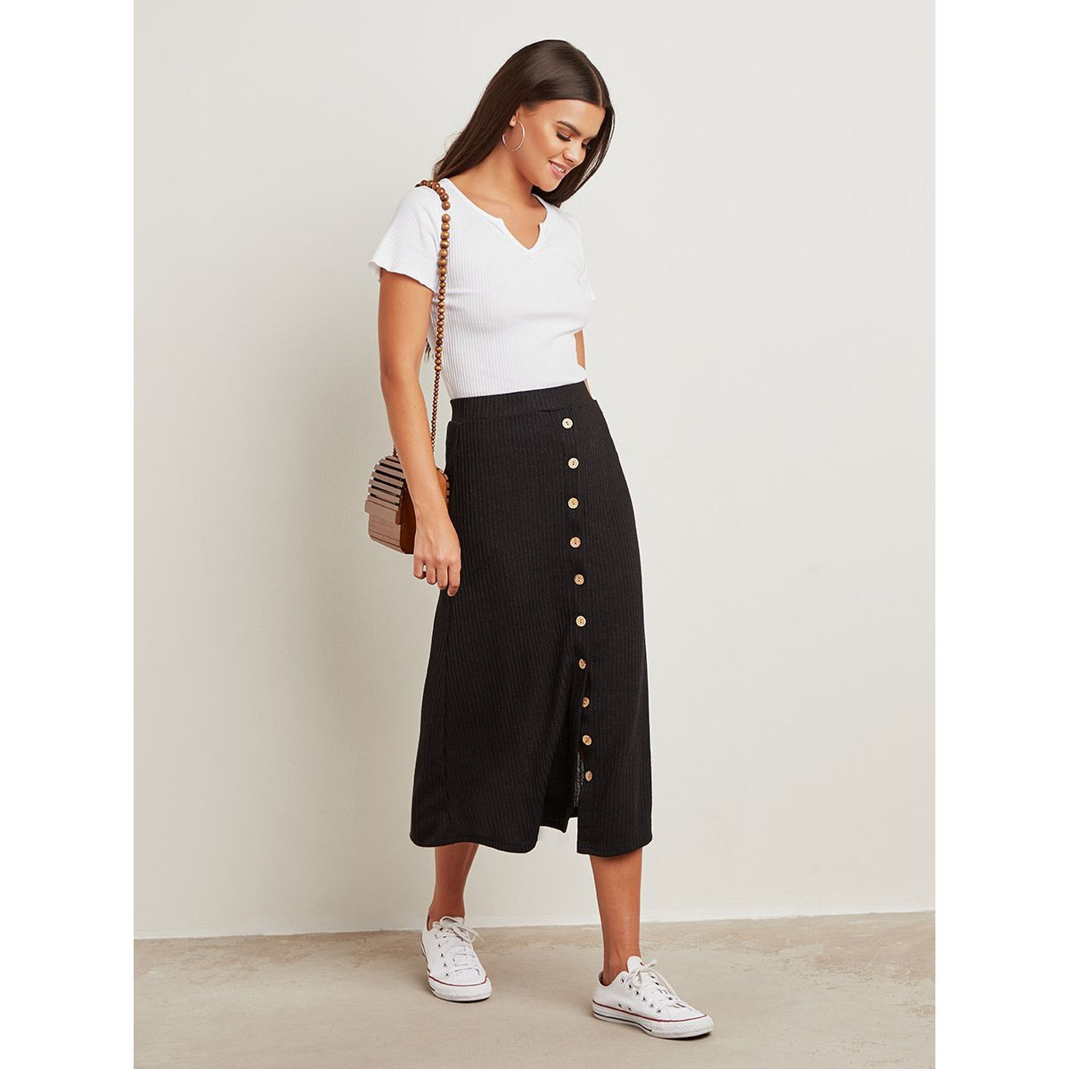 Styli Ribbed A-line Midi Skirt with Button Detail-women-clothing-bottoms-skirts-image-2