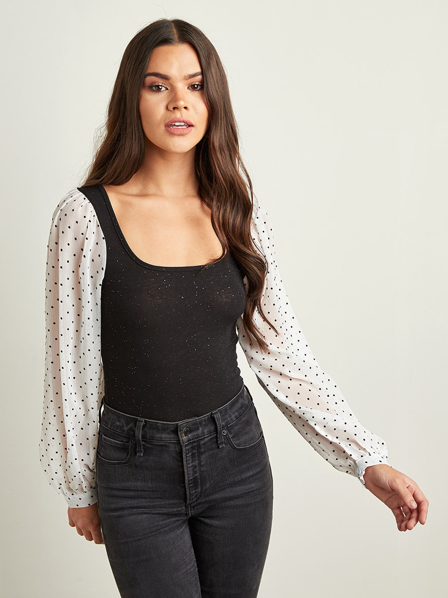 Styli Glittered Top with Flocked Spot Balloon Sleeves-women-clothing-shirtsandblouses-blouses-image-1