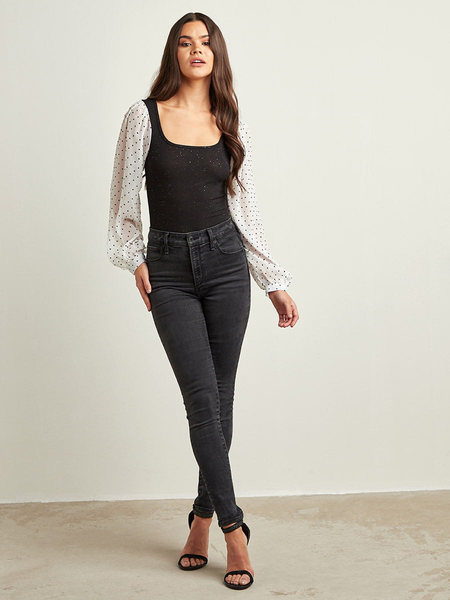 Styli Glittered Top with Flocked Spot Balloon Sleeves-women-clothing-shirtsandblouses-blouses-image-2