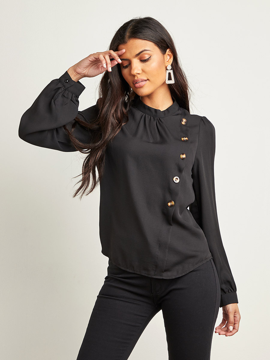 Styli Mock Horn Button Detail High Neck Blouse-women-clothing-shirtsandblouses-blouses-image-1