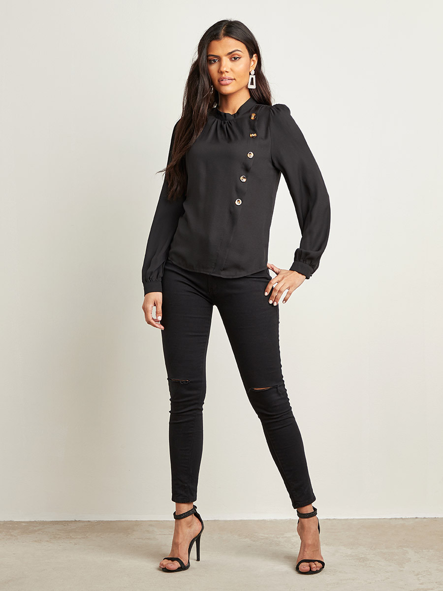 Styli Mock Horn Button Detail High Neck Blouse-women-clothing-shirtsandblouses-blouses-image-2