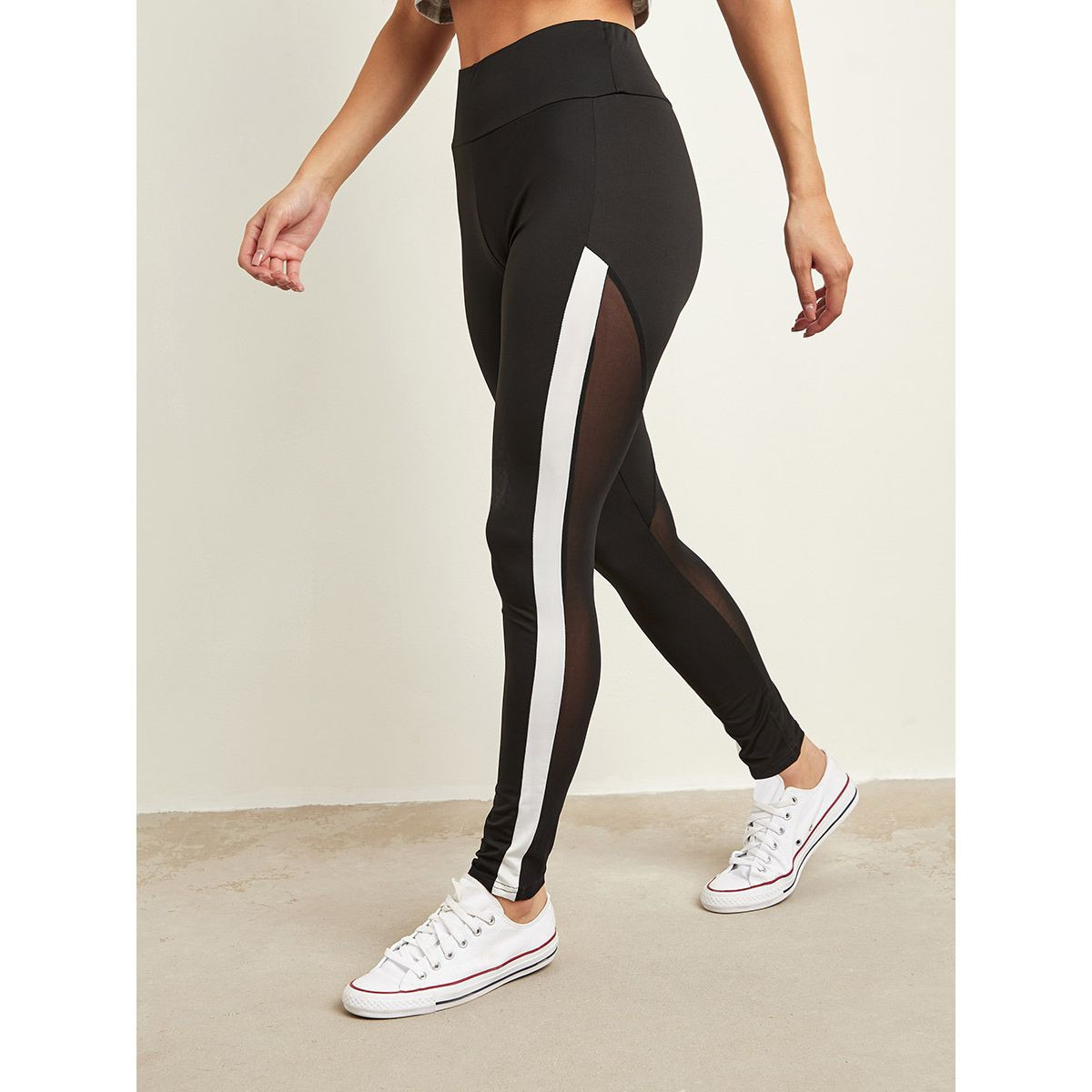 Styli Side Stripe Mesh Insert Panel Leggings-women-clothing-leggings-image-1