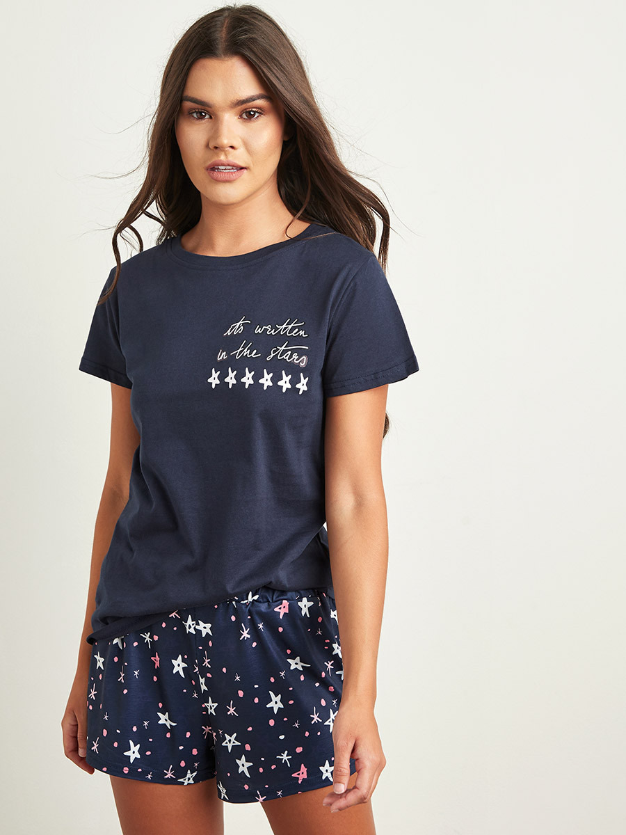 Styli Stars Slogan Printed T-shirt and Star Shorts Set-women-clothing-nightwear-pyjamas-longsets-image-1