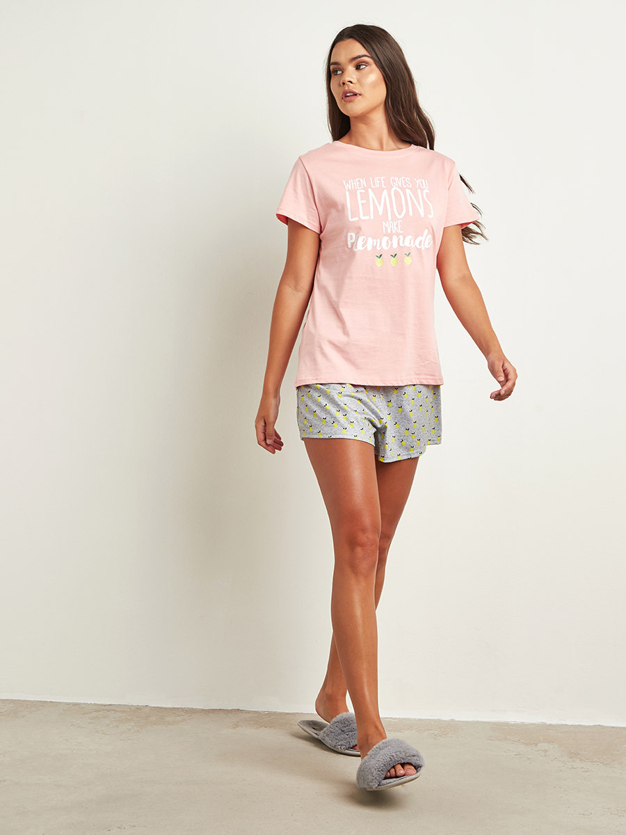 Styli Lemon Slogan Printed T-shirt and Shorts Set-women-clothing-nightwear-pyjamas-longsets-image-2