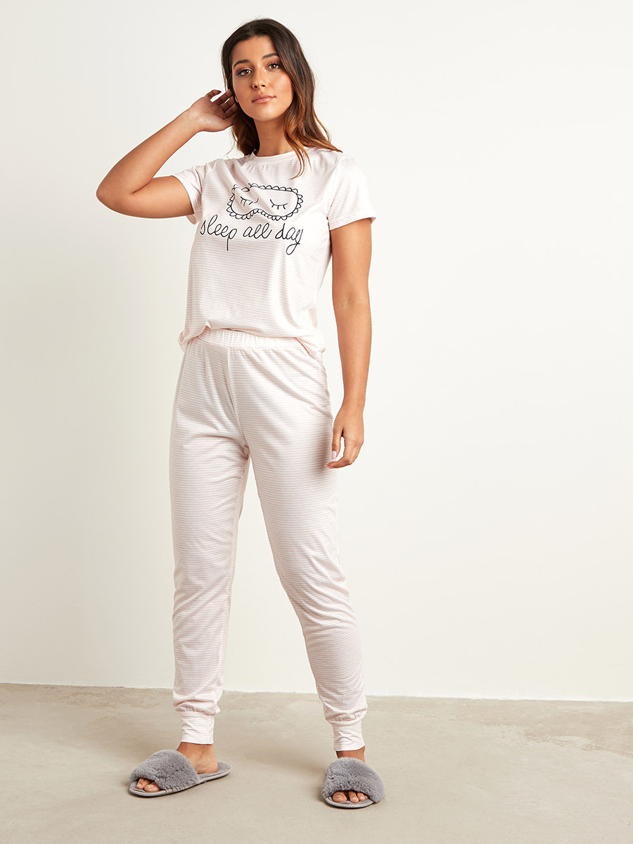 Styli Sleep All Day Slogan Printed T-shirt and Striped Pyjama Set-women-clothing-nightwear-pyjamas-longsets-image-1