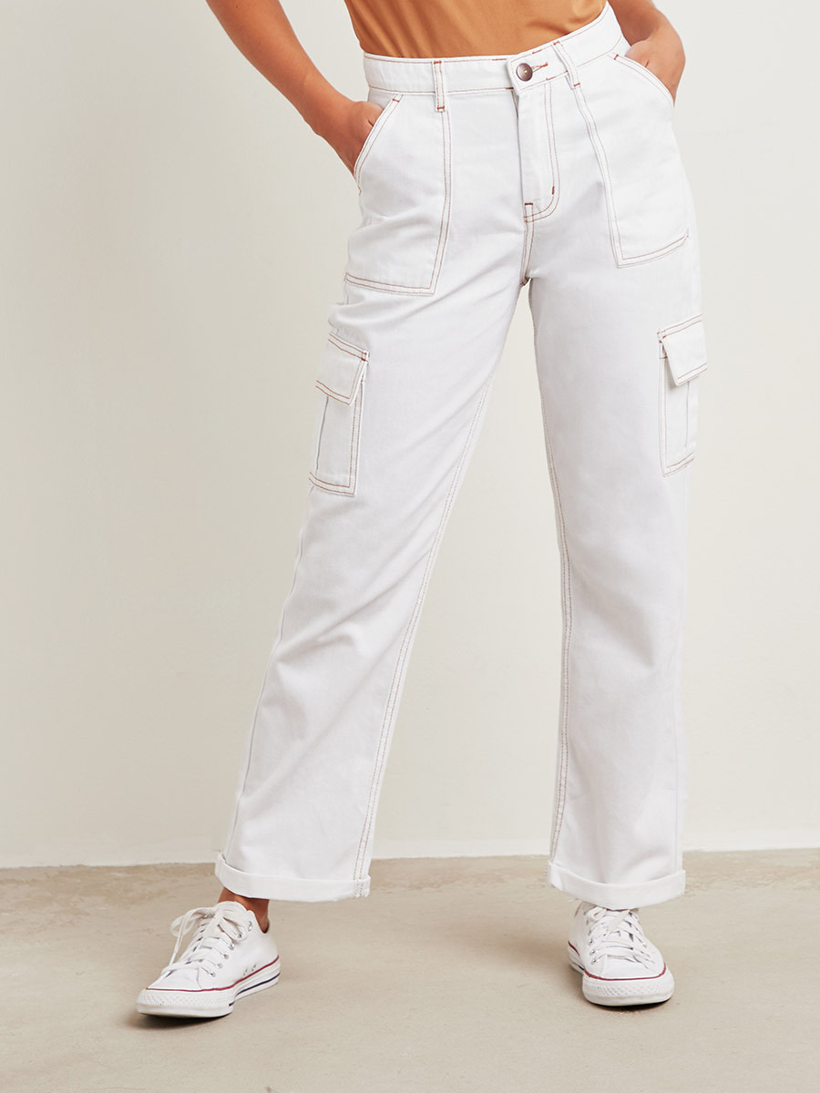 Contrast Stitch Detail Utility Mom Jeans with Cargo Pockets-women-clothing-bottoms-jeans-image-1