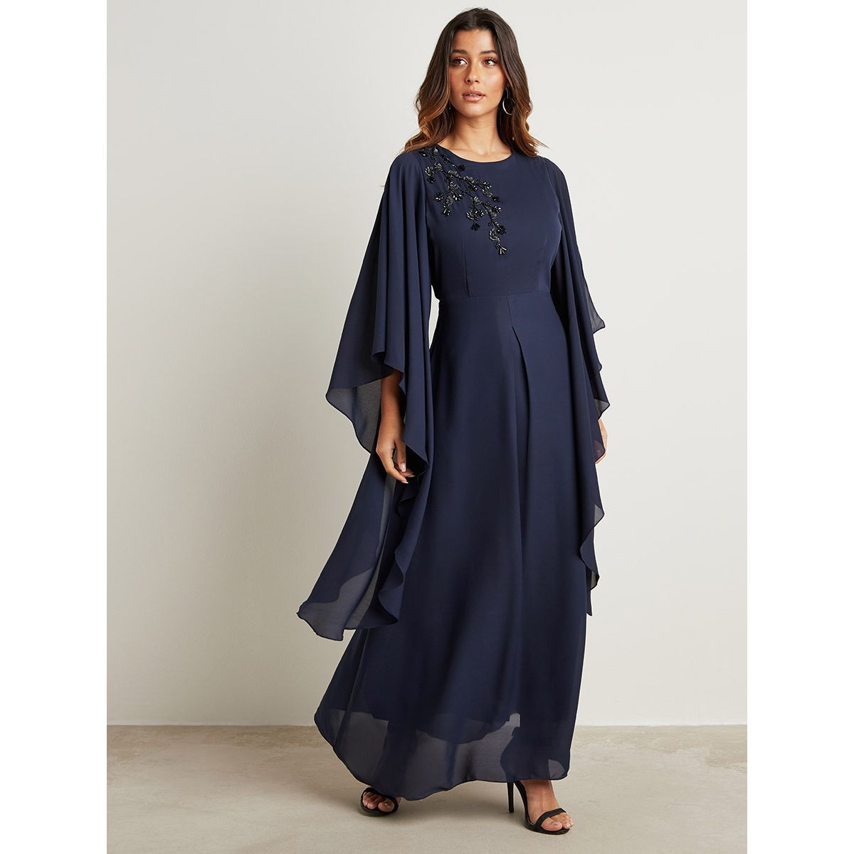 Embellished Bead Work Detail A-Line Maxi Dress with Frill Sleeves-women-clothing-dresses-image-1