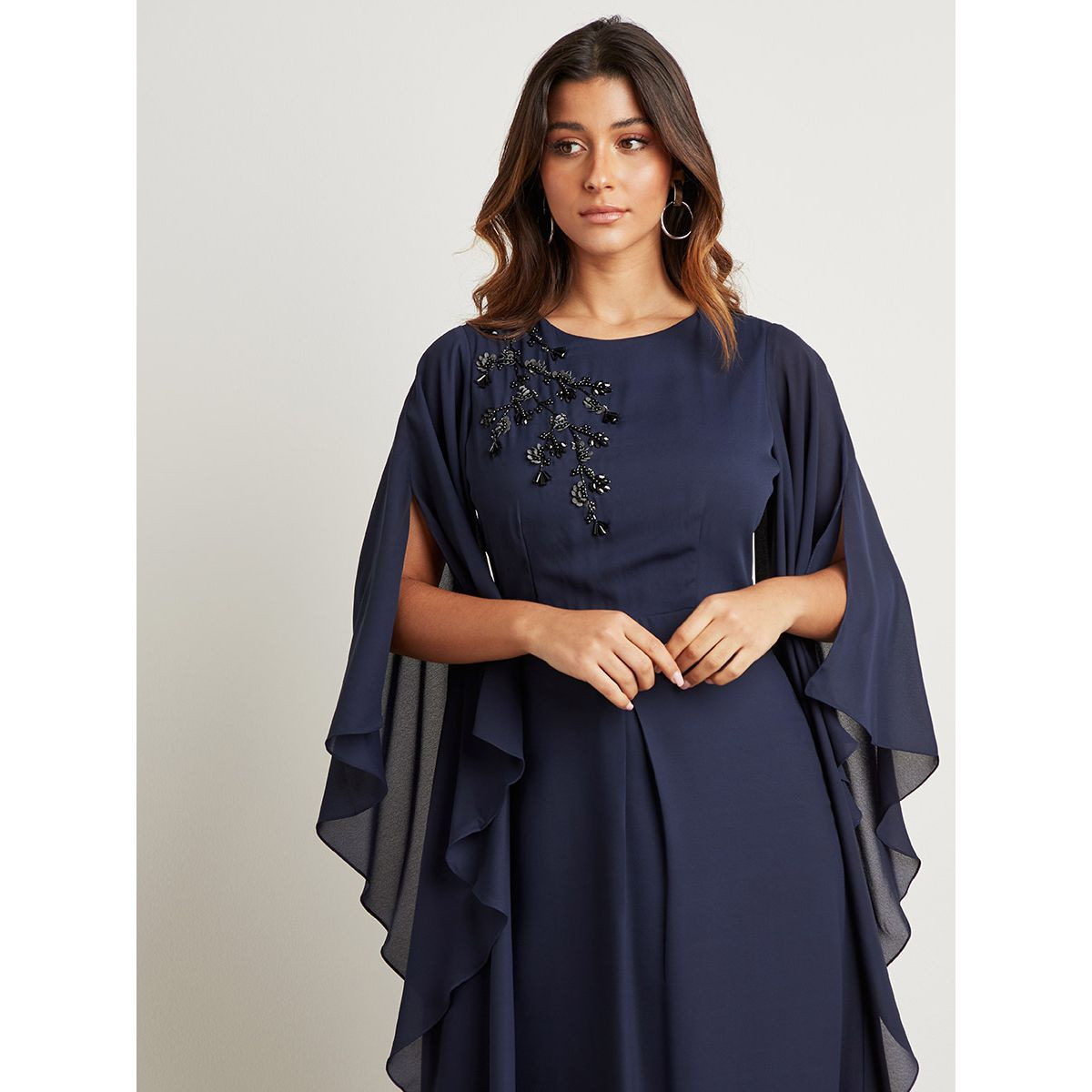 Embellished Bead Work Detail A-Line Maxi Dress with Frill Sleeves-women-clothing-dresses-image-2