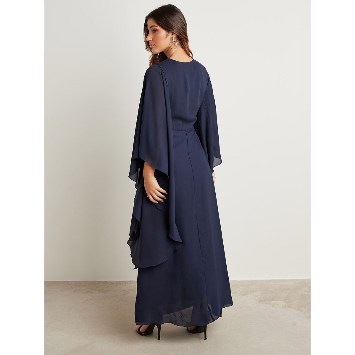 Embellished Bead Work Detail A-Line Maxi Dress with Frill Sleeves-women-clothing-dresses-image-3