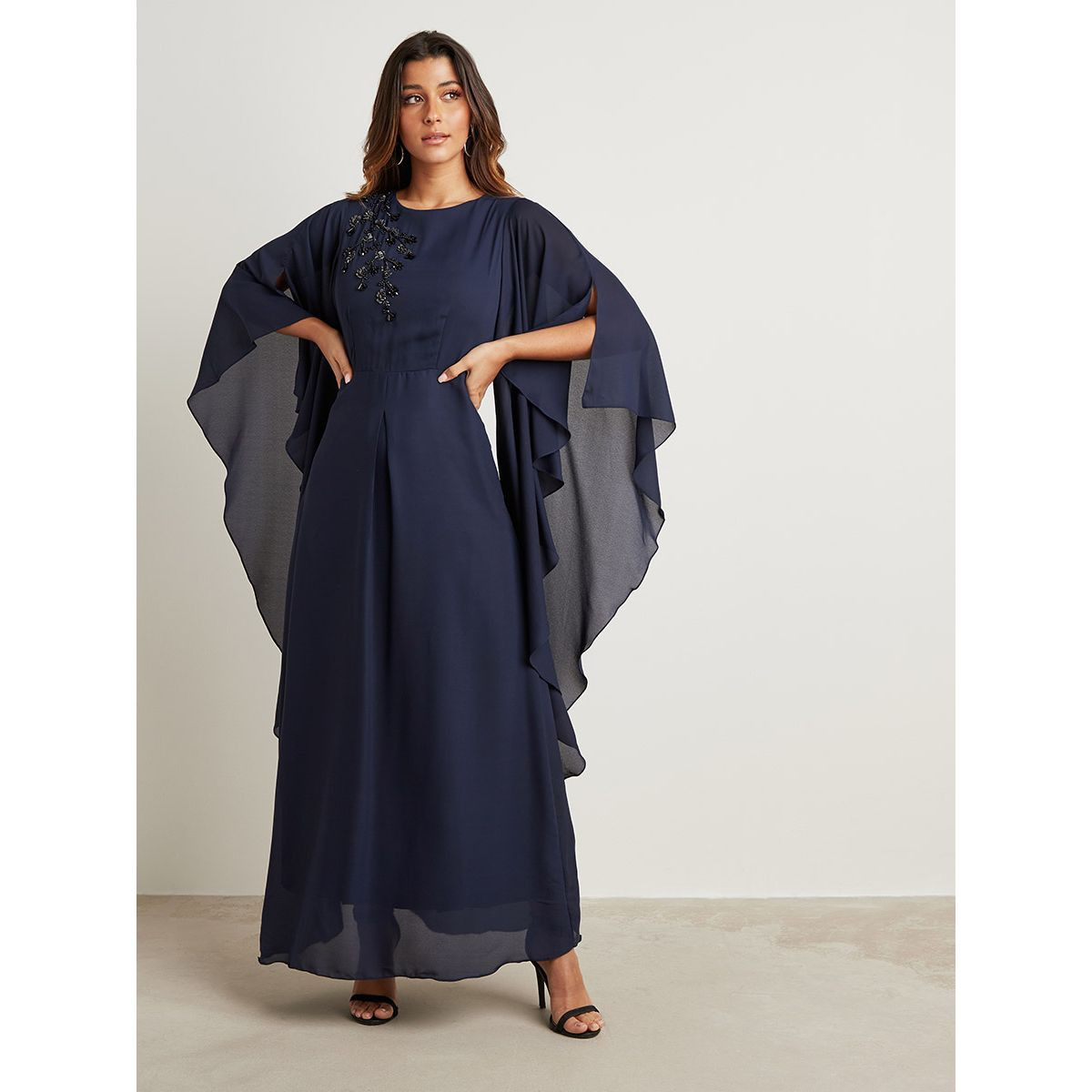 Embellished Bead Work Detail A-Line Maxi Dress with Frill Sleeves-women-clothing-dresses-image-4