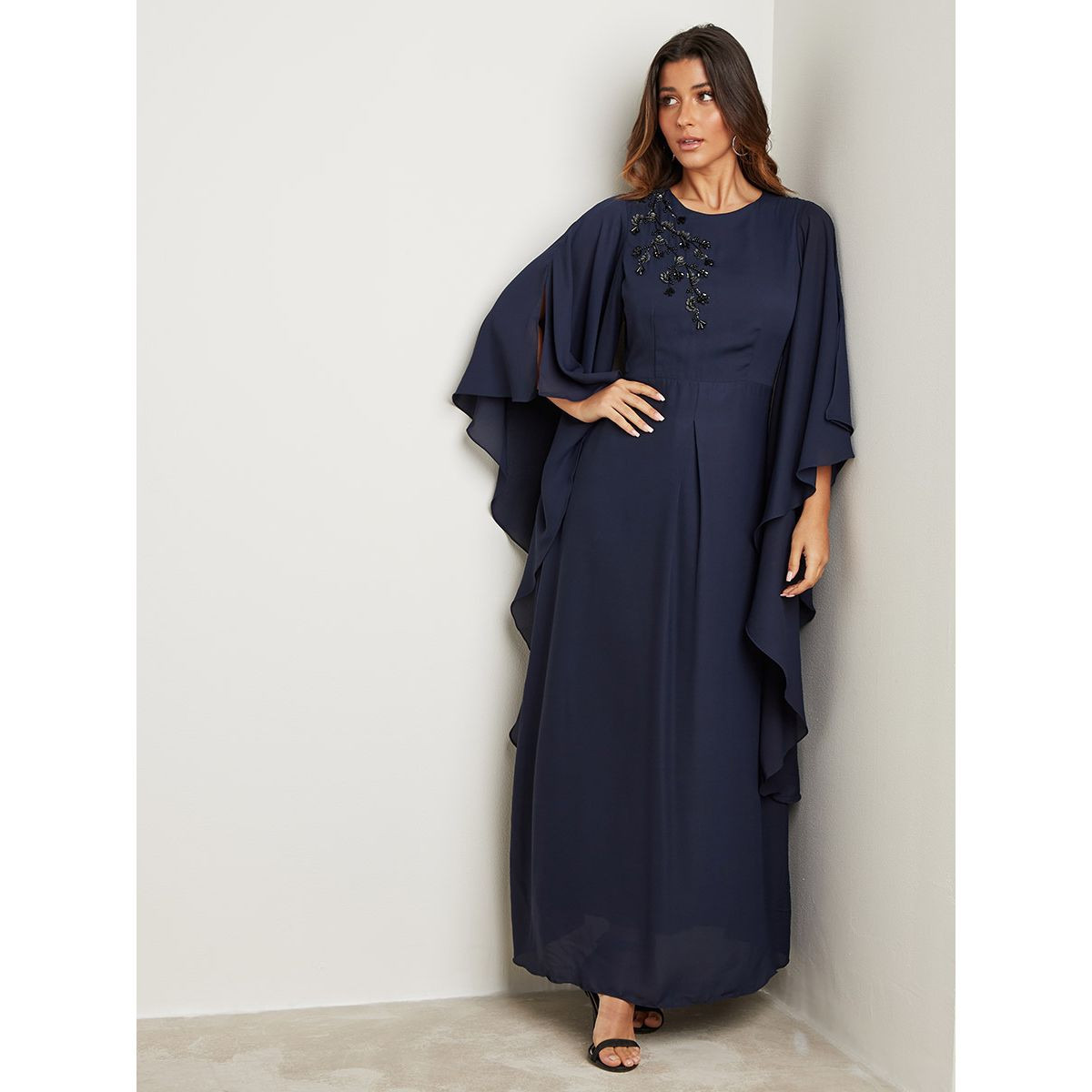 Embellished Bead Work Detail A-Line Maxi Dress with Frill Sleeves-women-clothing-dresses-image-6