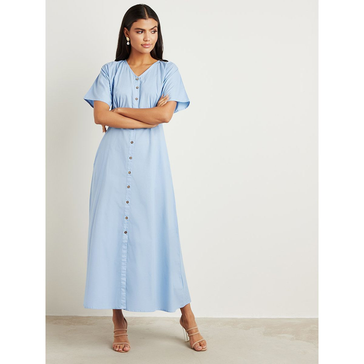 Plain Button Front Closure V Neck A-Line Maxi Dress-women-clothing-dresses-image-1