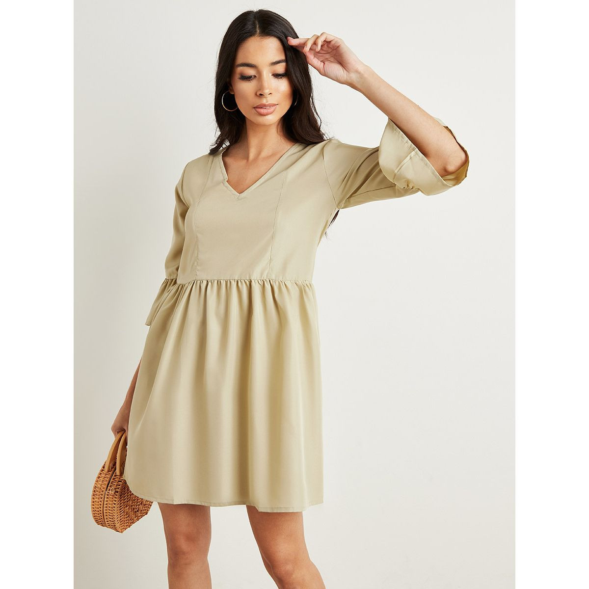 Styli Solid Bell Sleeves Mini Dress with V Neck-women-clothing-dresses-image-1