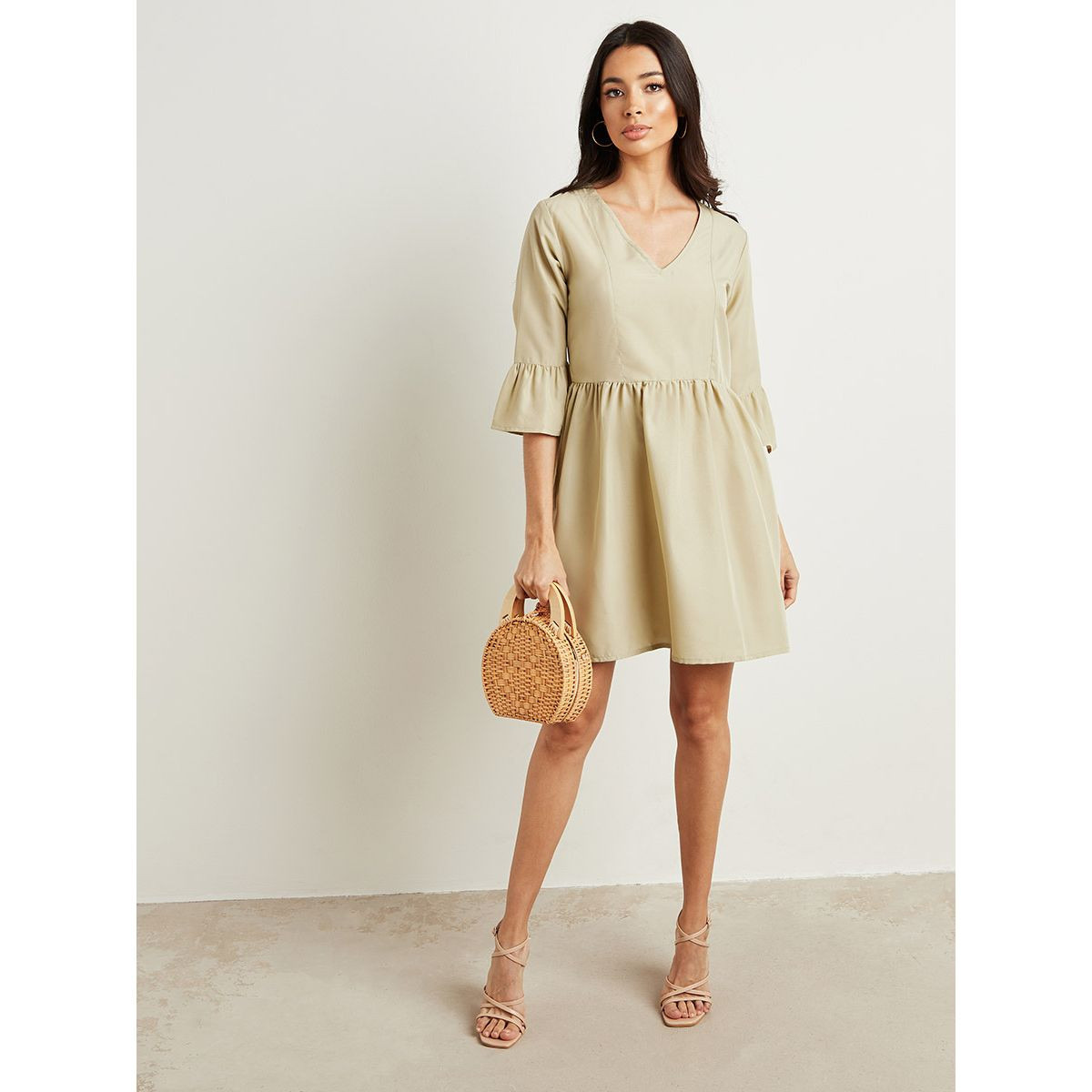 Styli Solid Bell Sleeves Mini Dress with V Neck-women-clothing-dresses-image-2