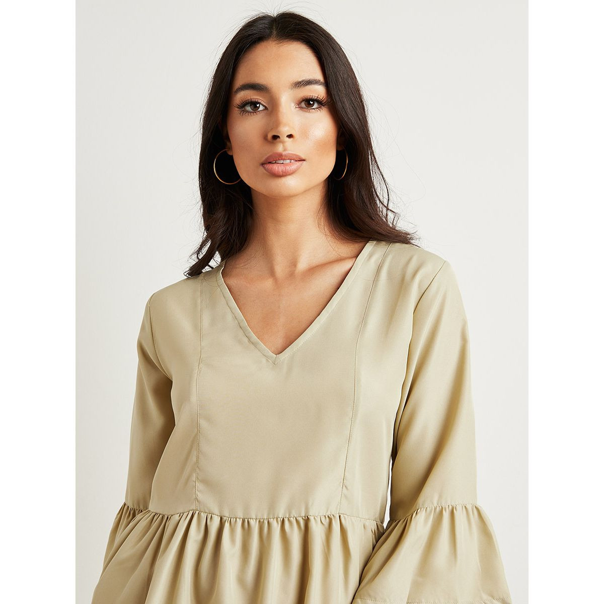 Styli Solid Bell Sleeves Mini Dress with V Neck-women-clothing-dresses-image-3