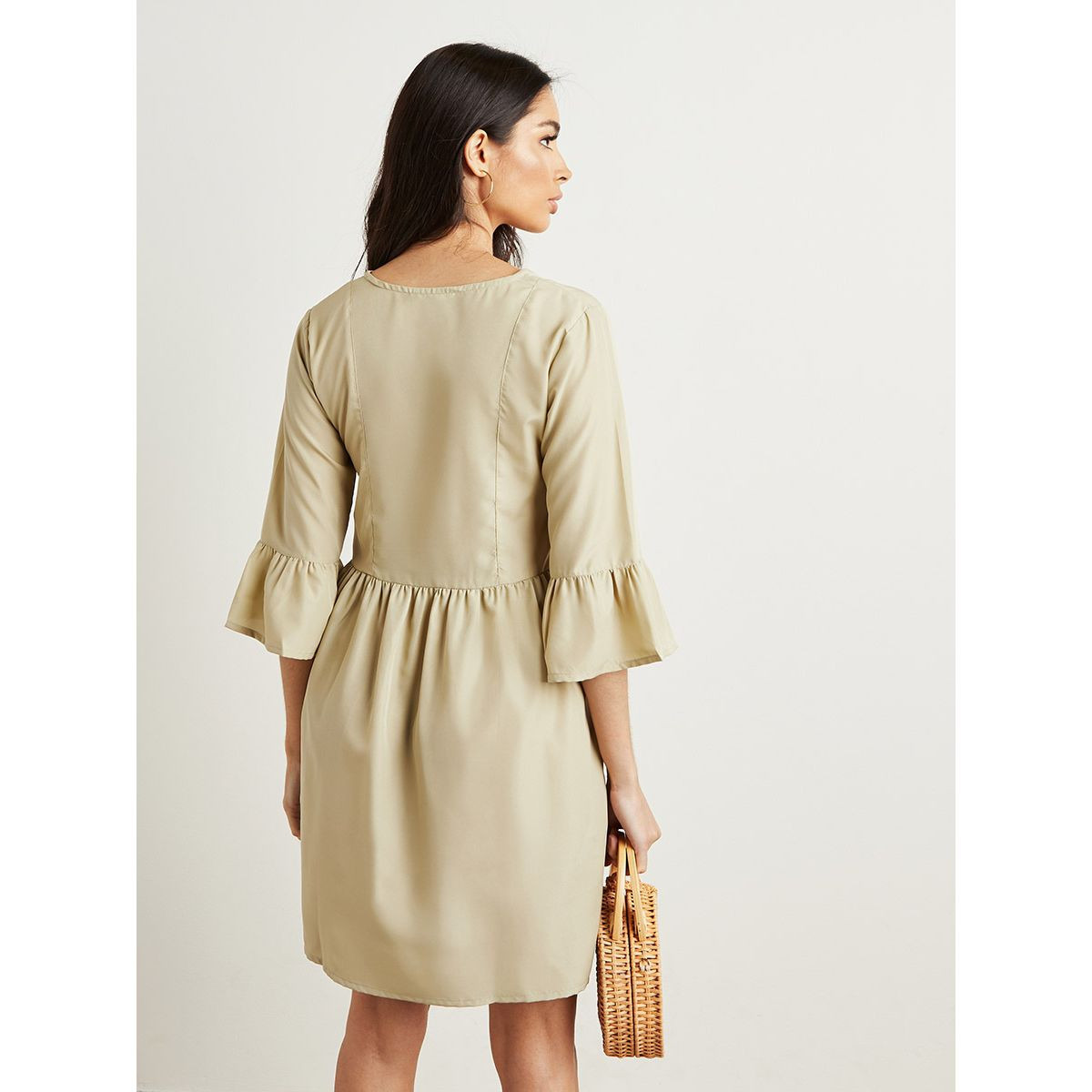 Styli Solid Bell Sleeves Mini Dress with V Neck-women-clothing-dresses-image-4