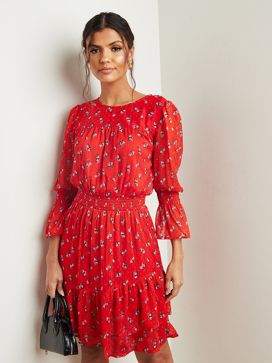 Styli Swiss Dot Floral Printed Midi Dress with Shirred Waist Detail-women-clothing-dresses-image-1