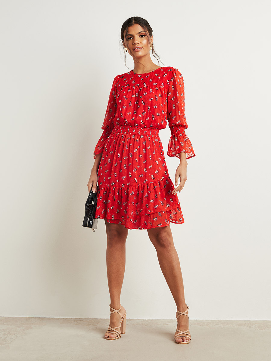 Styli Swiss Dot Floral Printed Midi Dress with Shirred Waist Detail-women-clothing-dresses-image-2