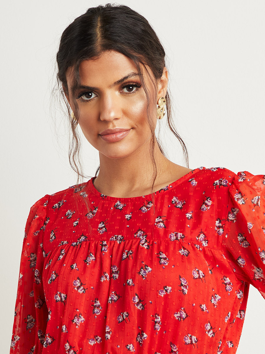 Styli Swiss Dot Floral Printed Midi Dress with Shirred Waist Detail-women-clothing-dresses-image-3