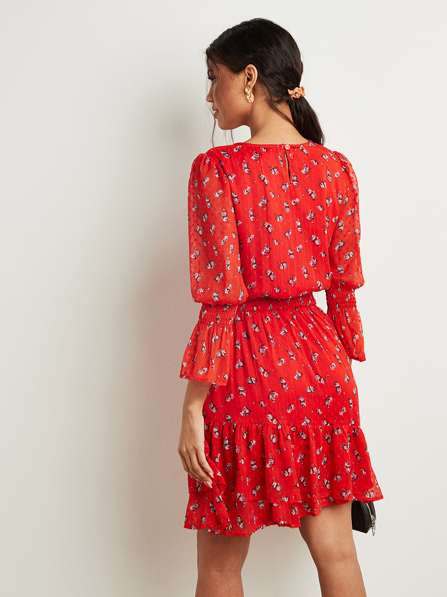 Styli Swiss Dot Floral Printed Midi Dress with Shirred Waist Detail-women-clothing-dresses-image-5