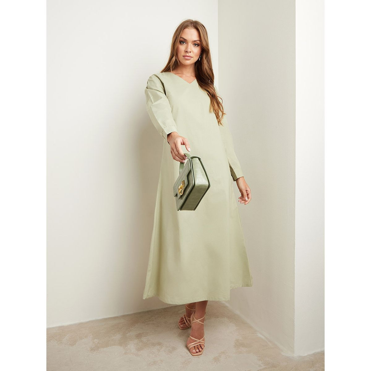 Styli Plain V Neck Midi Dress with Long Sleeves-women-clothing-dresses-image-1