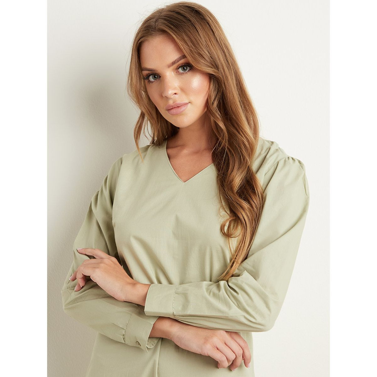 Styli Plain V Neck Midi Dress with Long Sleeves-women-clothing-dresses-image-2