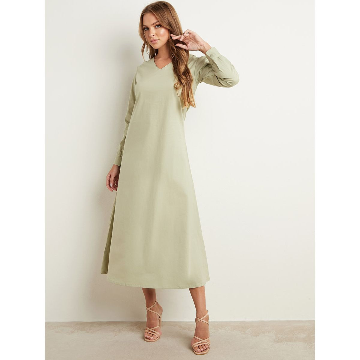 Styli Plain V Neck Midi Dress with Long Sleeves-women-clothing-dresses-image-3