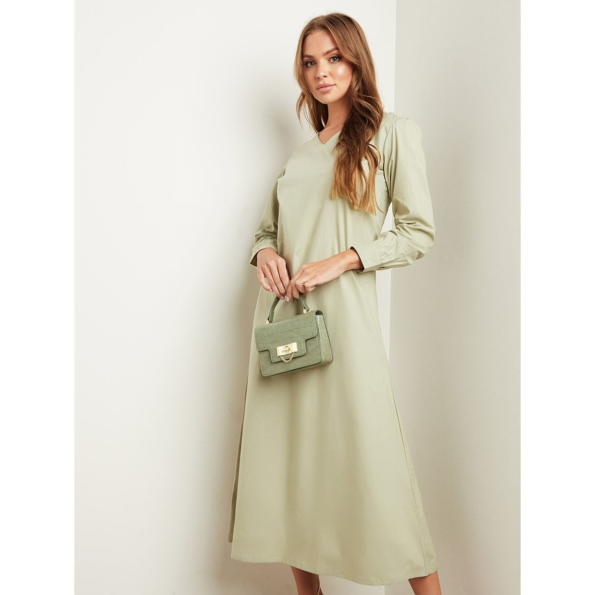 Styli Plain V Neck Midi Dress with Long Sleeves-women-clothing-dresses-image-4