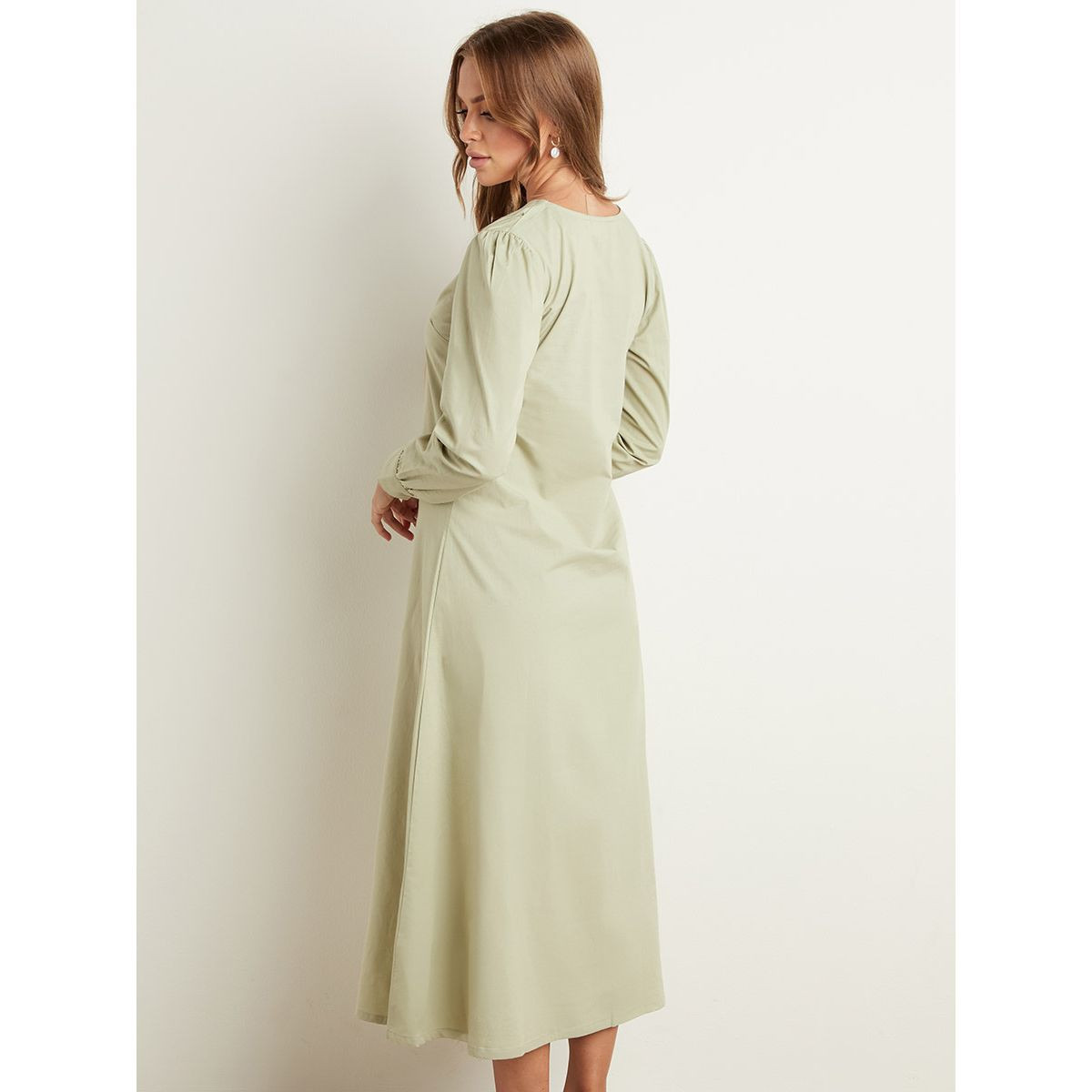 Styli Plain V Neck Midi Dress with Long Sleeves-women-clothing-dresses-image-5