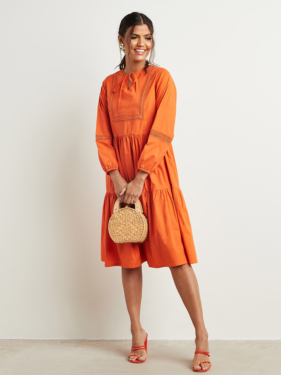 Styli Tie-Up Neck A-Line Midi Dress with Lace Detail-women-clothing-dresses-image-2