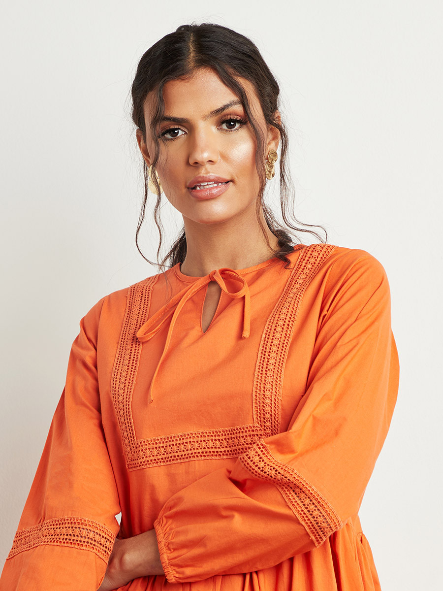 Styli Tie-Up Neck A-Line Midi Dress with Lace Detail-women-clothing-dresses-image-3