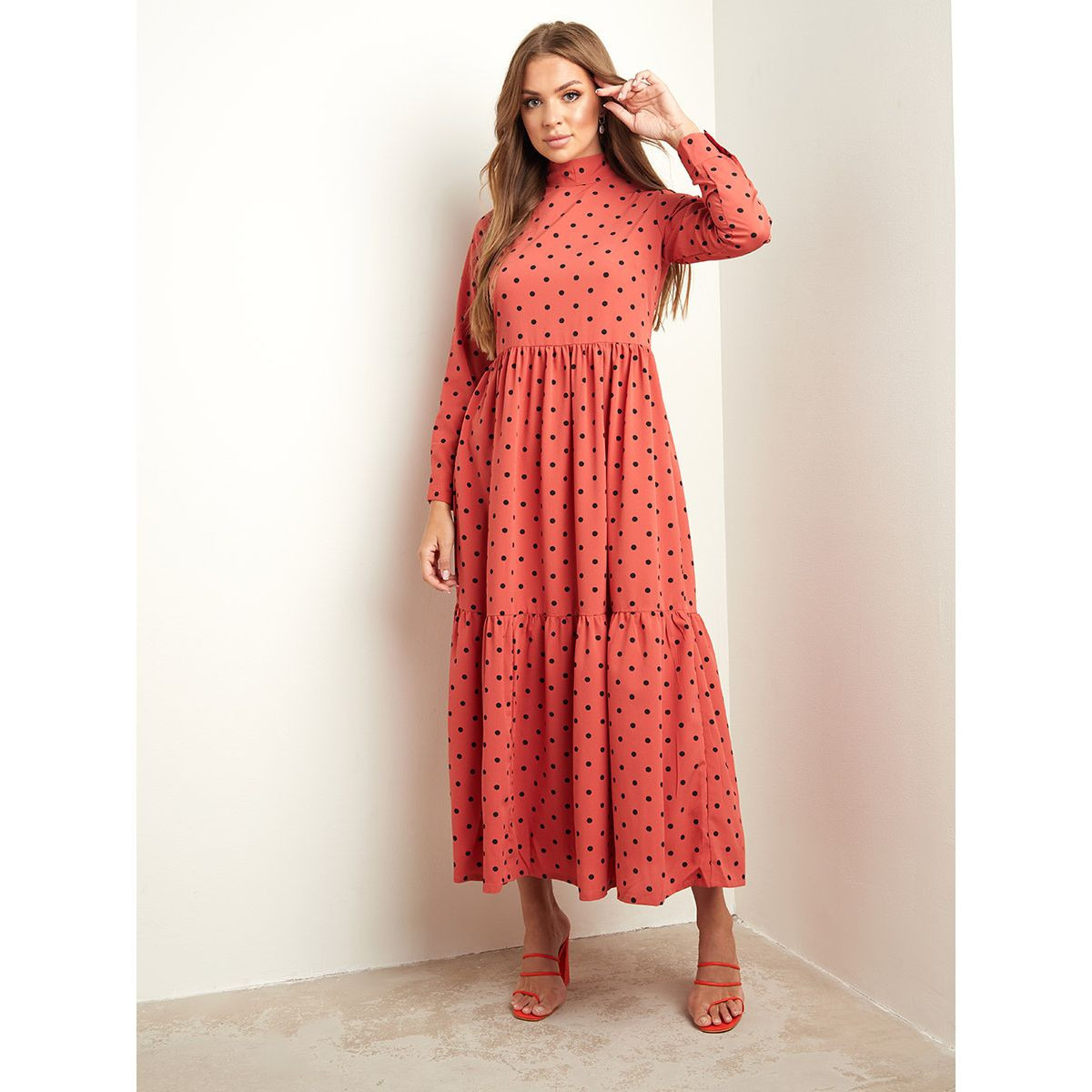 Styli Spot Printed High Neck A-Line Midi Dress with Tie-Back Detail-women-clothing-dresses-image-1