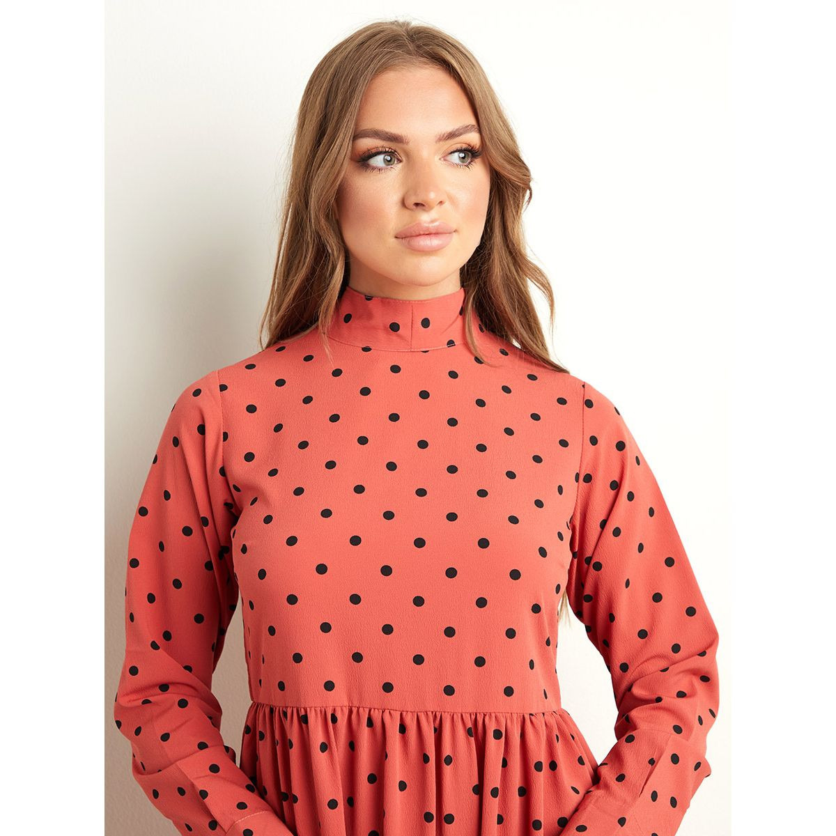 Styli Spot Printed High Neck A-Line Midi Dress with Tie-Back Detail-women-clothing-dresses-image-2