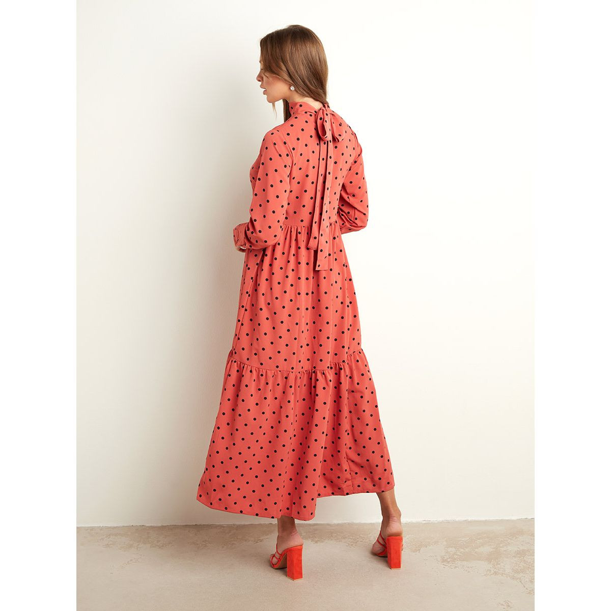 Styli Spot Printed High Neck A-Line Midi Dress with Tie-Back Detail-women-clothing-dresses-image-3